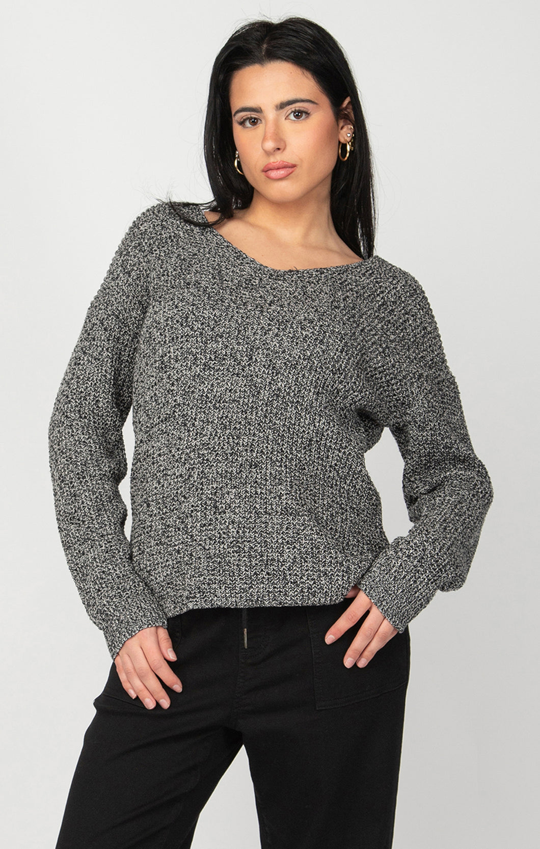 Dex Black White Melange V-Neck Long Sleeve Bevelled Hem Sweater