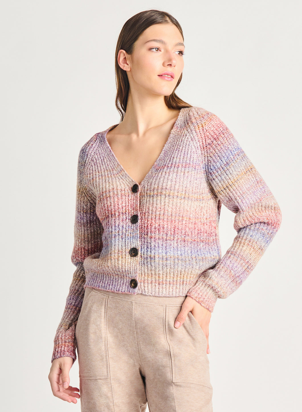 Dex Pink & Blue Multi-Coloured Space Dye Button Front Cardigan