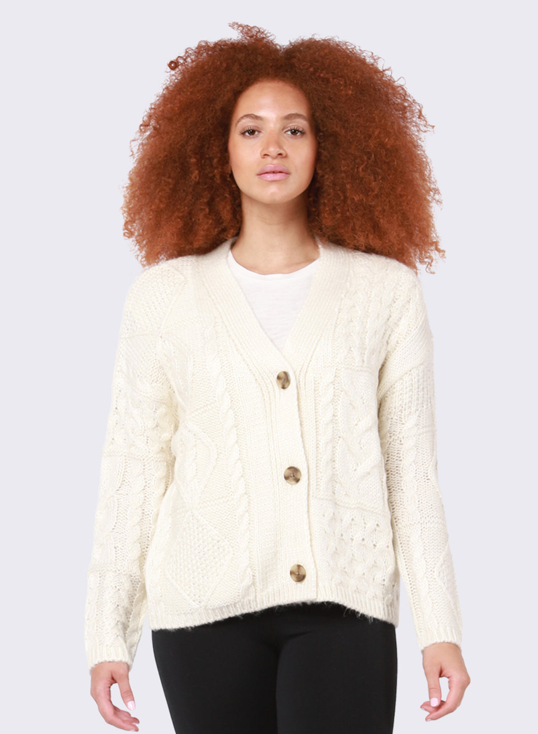 Dex Cream Cable Knit V-Neck Button Front Cardigan