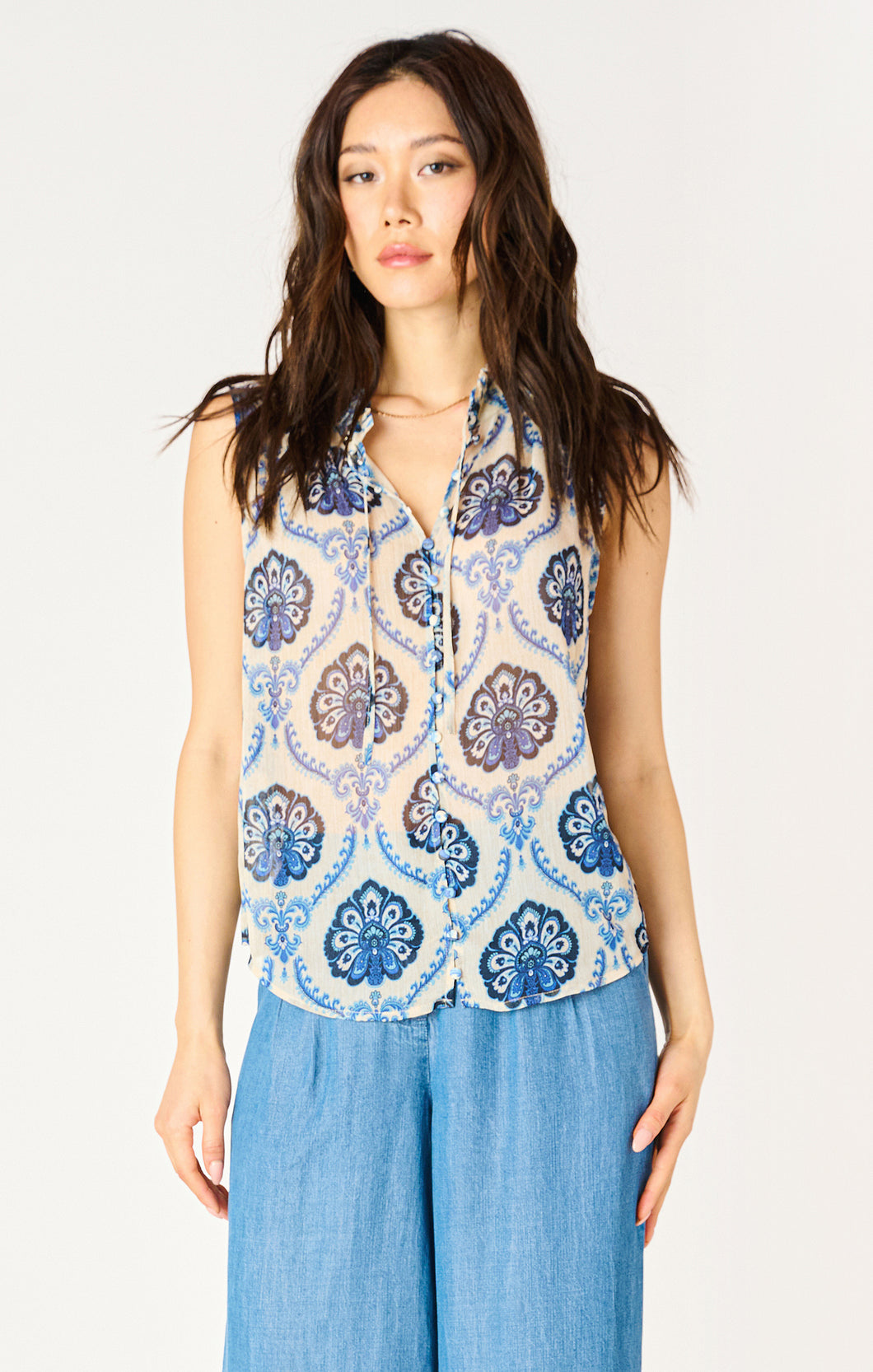 Dex Blue Medallion Sleeveless V-Neck Printed Woven Blouse