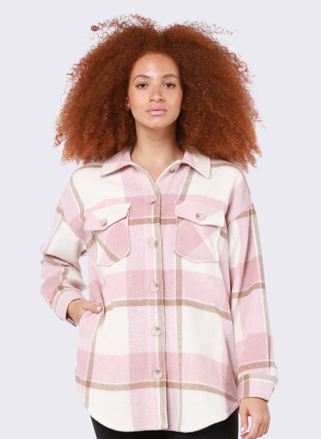 Dex Pink Taupe Button Front Plaid Shacket