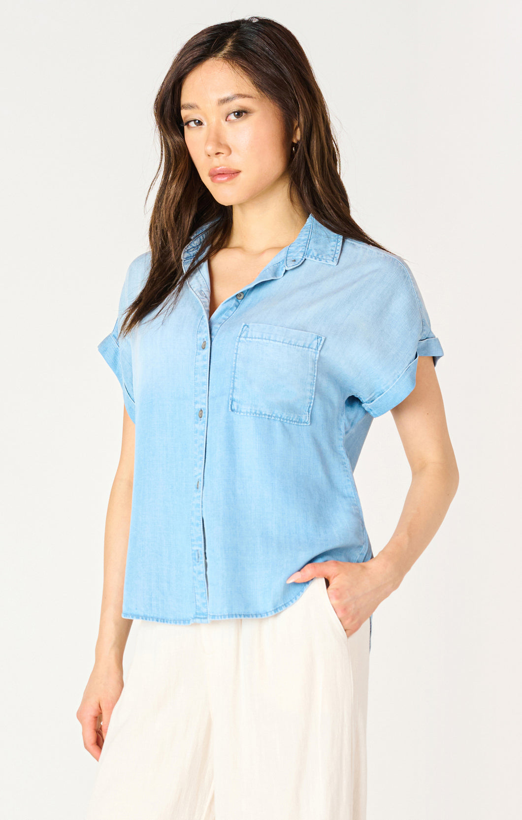 Dex Medium Blue Wash Short Sleeve Button Front Woven Blouse