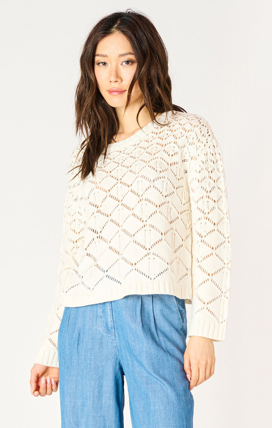 Dex Ecru Long Sleeve Round Neck Crochet Sweater