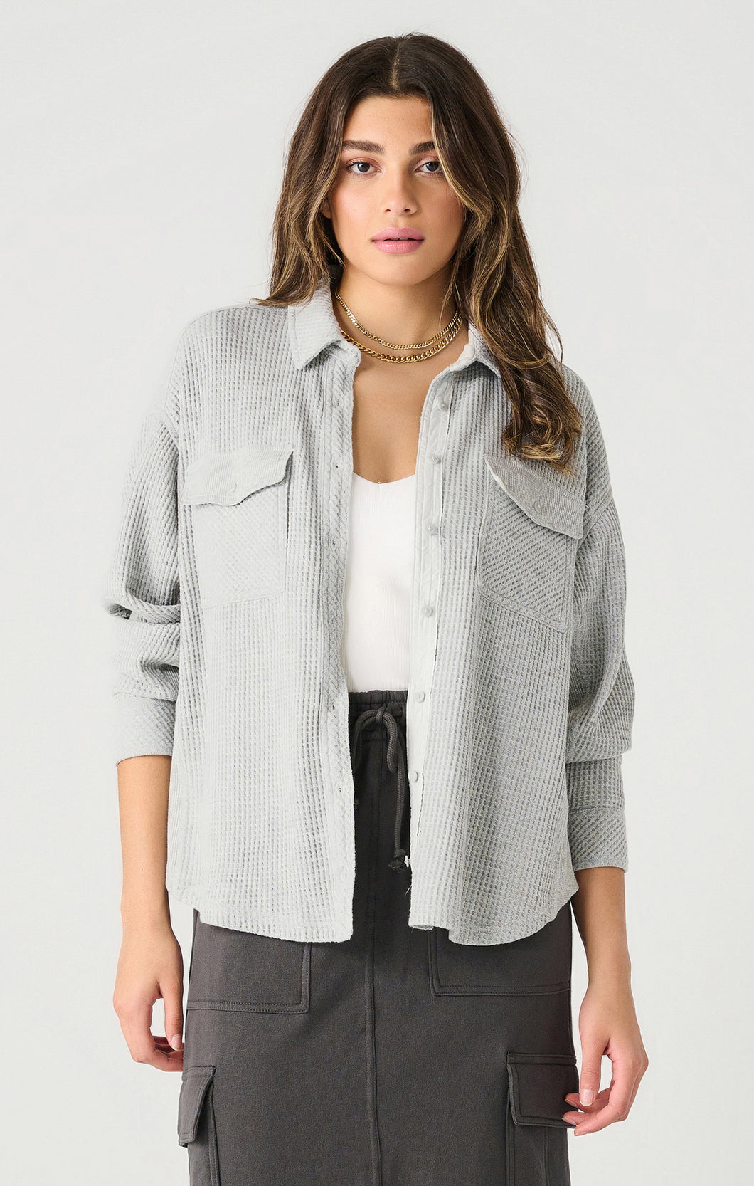 Dex Light Grey Heather Thermal Knit Button Front Jacket with Pockets