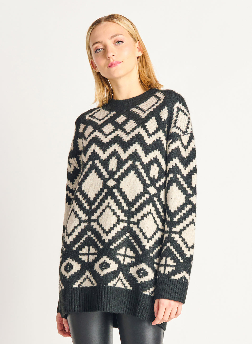 Dex Black & Cream Long Jacquard Pullover Sweater