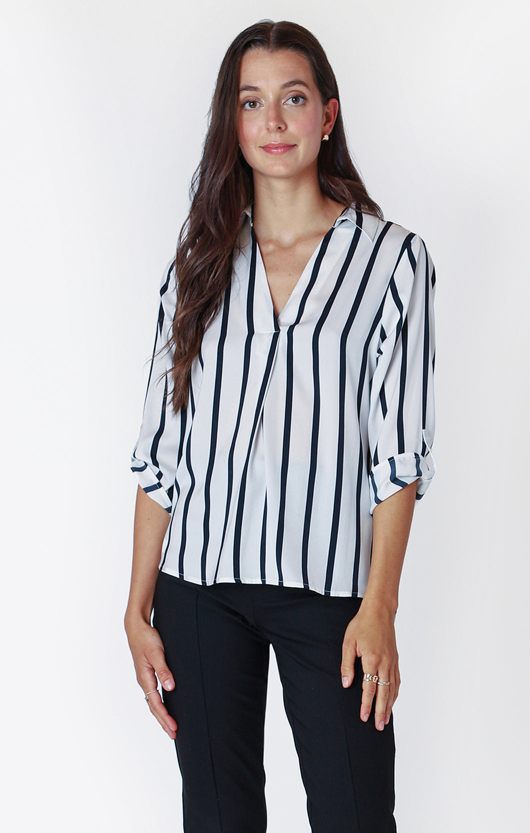 Dex White Navy Stripe 3/4 Sleeve Flowy Pullover Satin Blouse