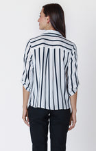 Load image into Gallery viewer, Dex White Navy Stripe 3/4 Sleeve Flowy Pullover Satin Blouse
