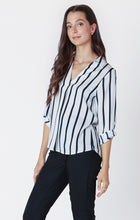 Load image into Gallery viewer, Black Tape White Navy Stripe 3/4 Sleeve Flowy Pullover Satin Blouse
