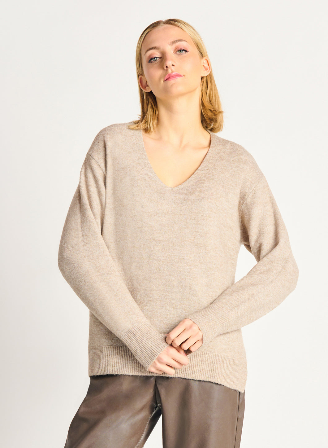 Dex Taupe Melange V-Neck Pullover Sweater with Side Slits