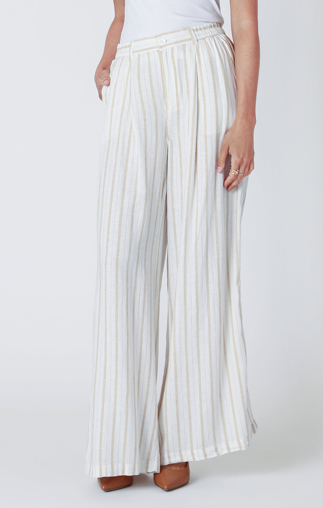 Dex Neutral Stripe Wide Leg Linen Blend Elastic Waist Pant