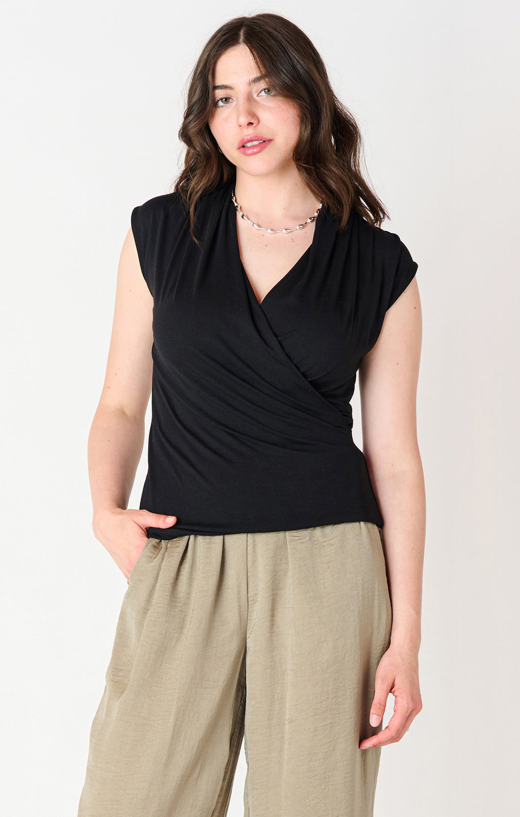 Dex Black V-Neck Drapey Wrap Tank Top