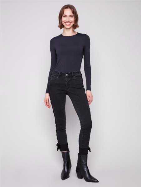 Charlie B Slim Leg 5 Pocket Stretch Denim with Velvet Bow Trim