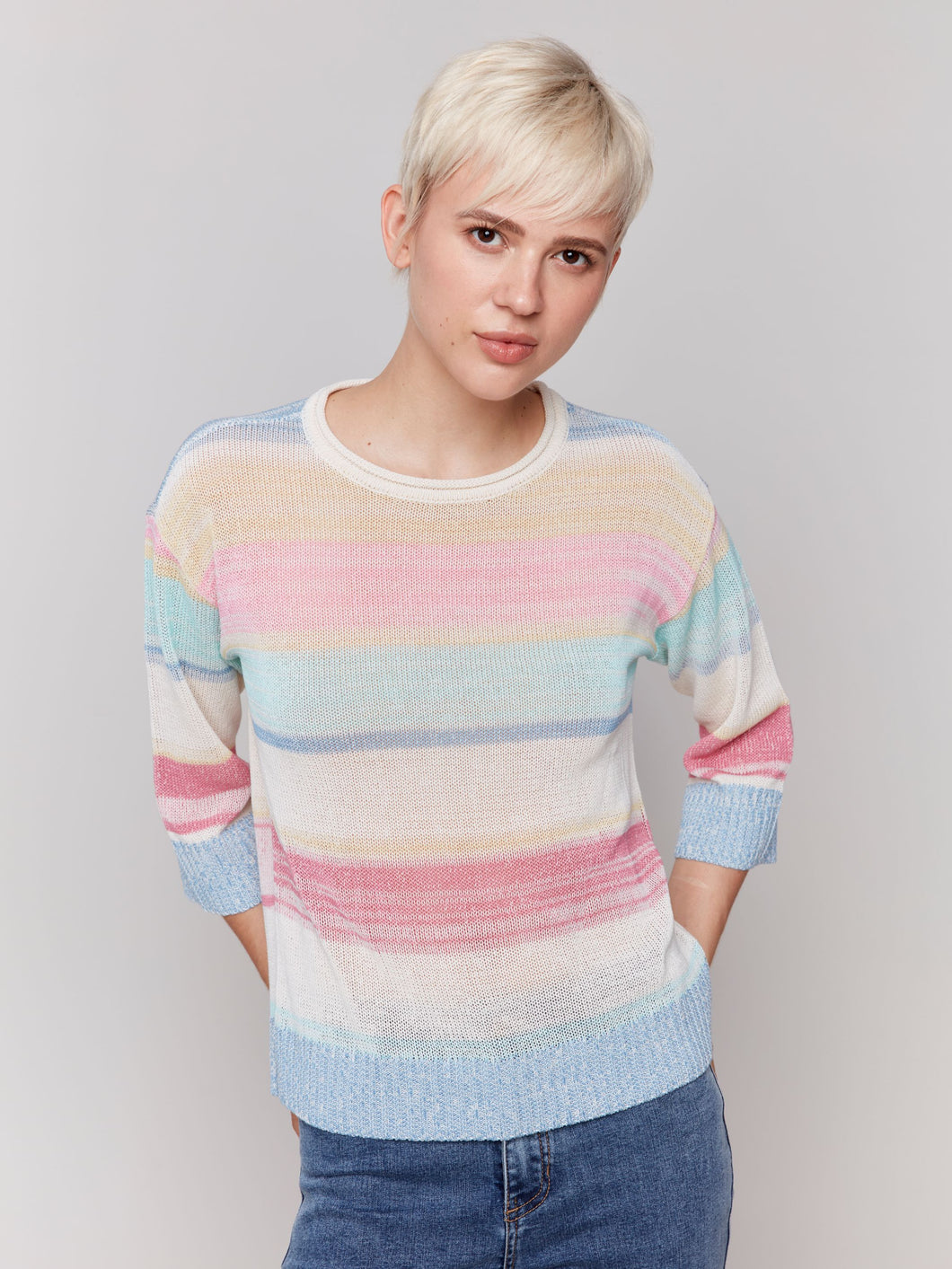 Charlie B Pastel Multi Striped 3/4 Sleeve Crew Neck Jersey Sweater