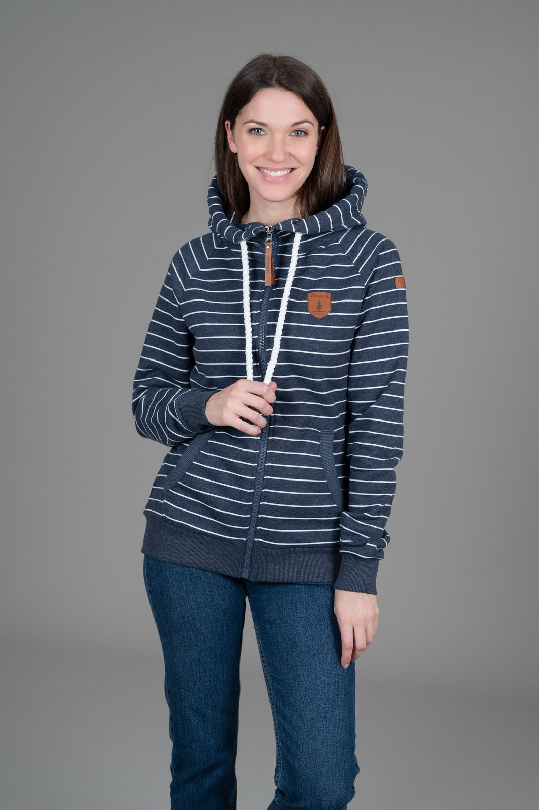 Wanakome Hera Zip Front Hoodie in Navy Stripe