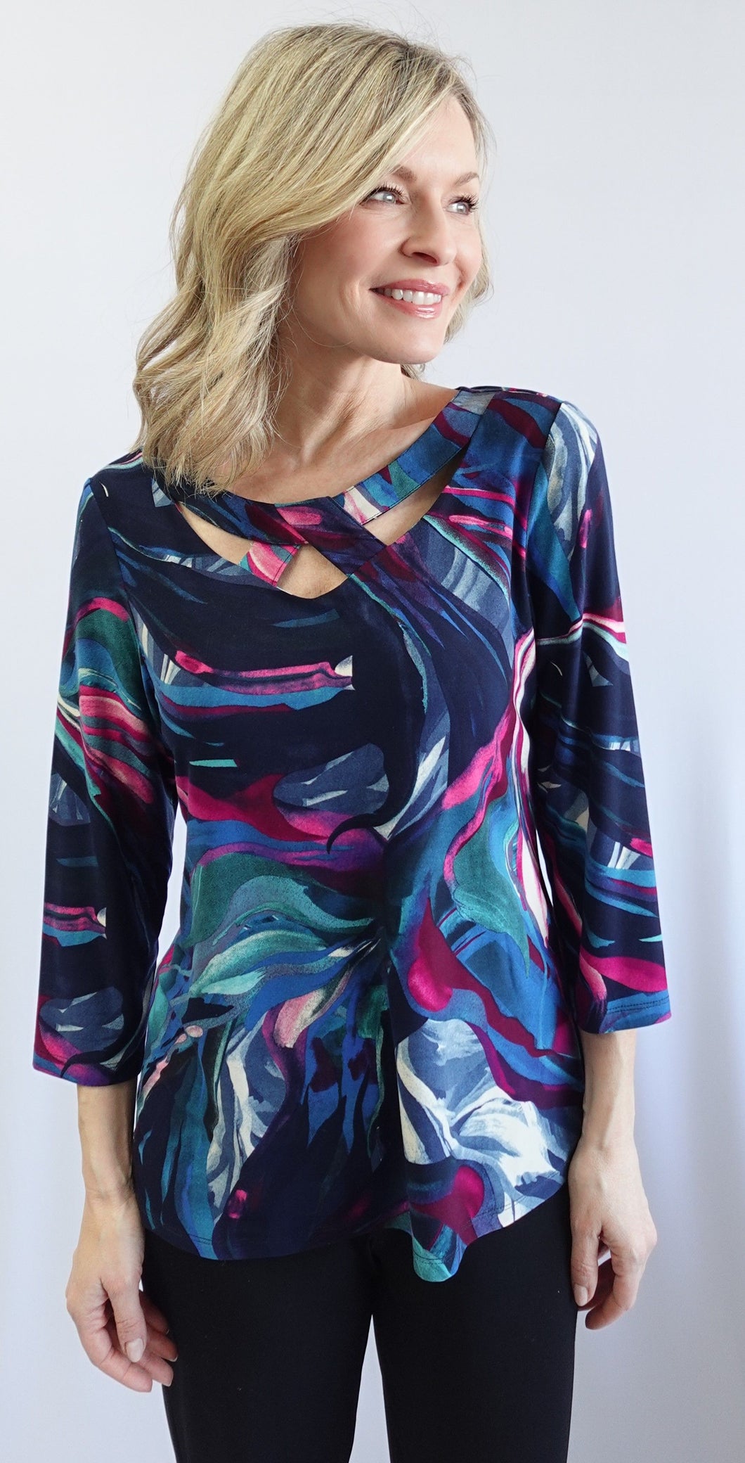 Soft Works Blue, Green, Fuchsia & White Round Neck Print 3/4 Sleeve Top with Cutouts