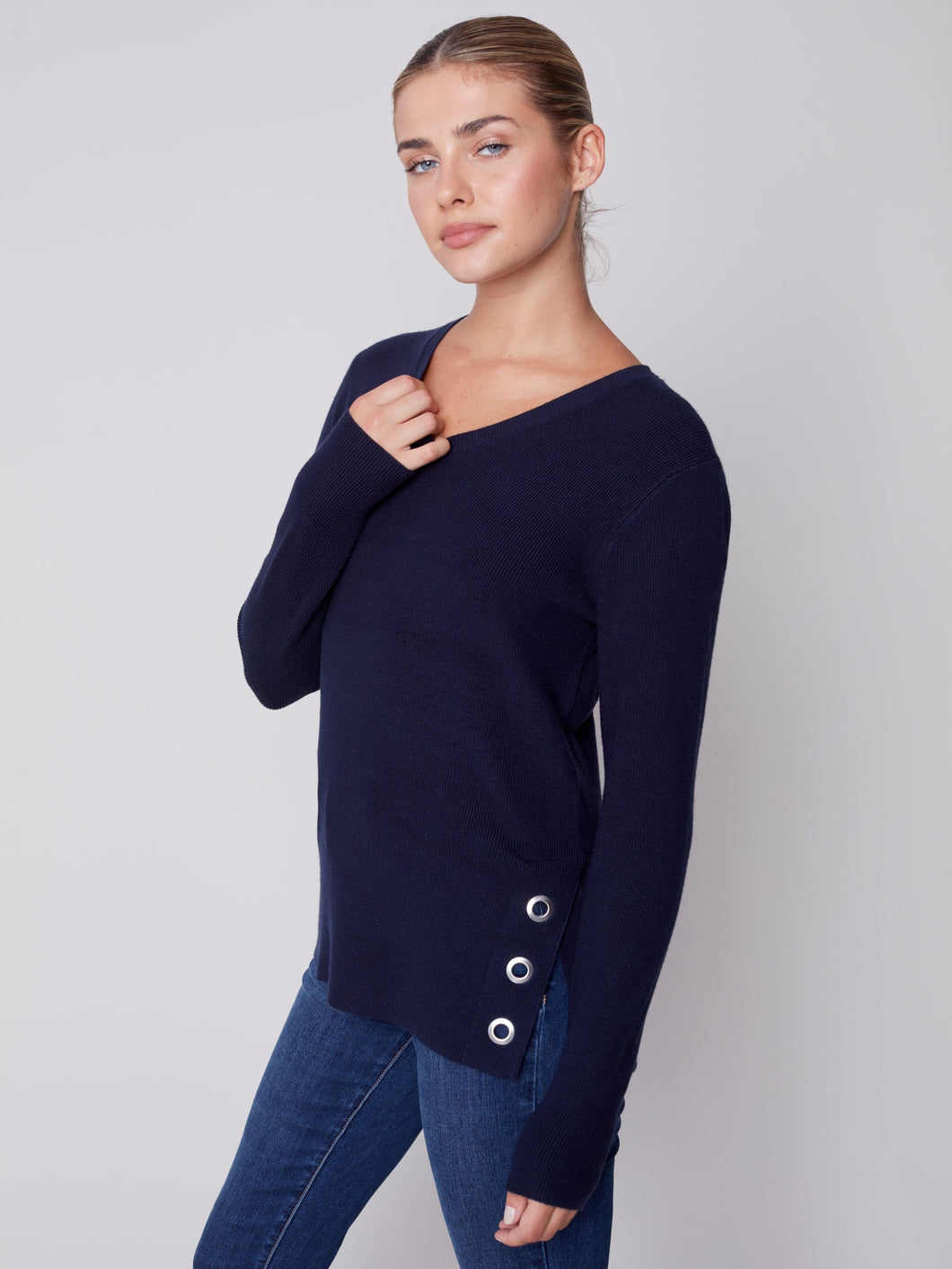 Charlie B Navy Plushy Knit V-Neck Sweater with Side Slit & Grommet Detail