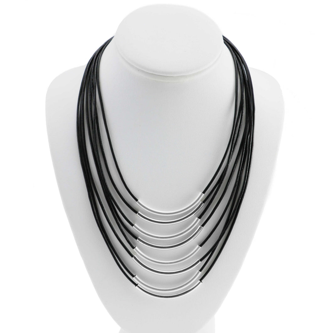 Merx Sofistica Black Cord Layered Necklace with Matte Silver Sections
