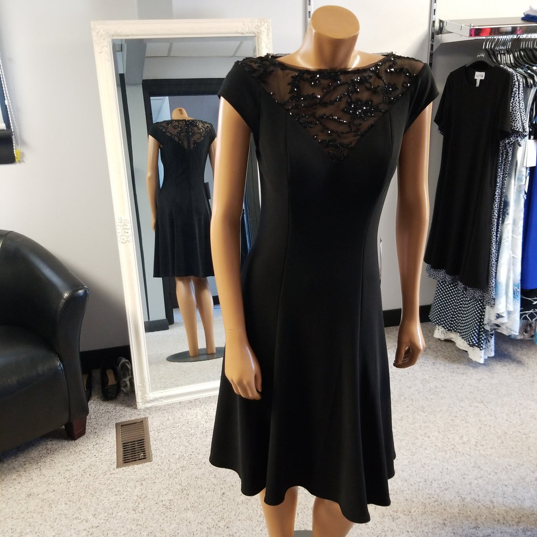 JS Collections Black Cap Sleeve Dress with Mesh & Sequins