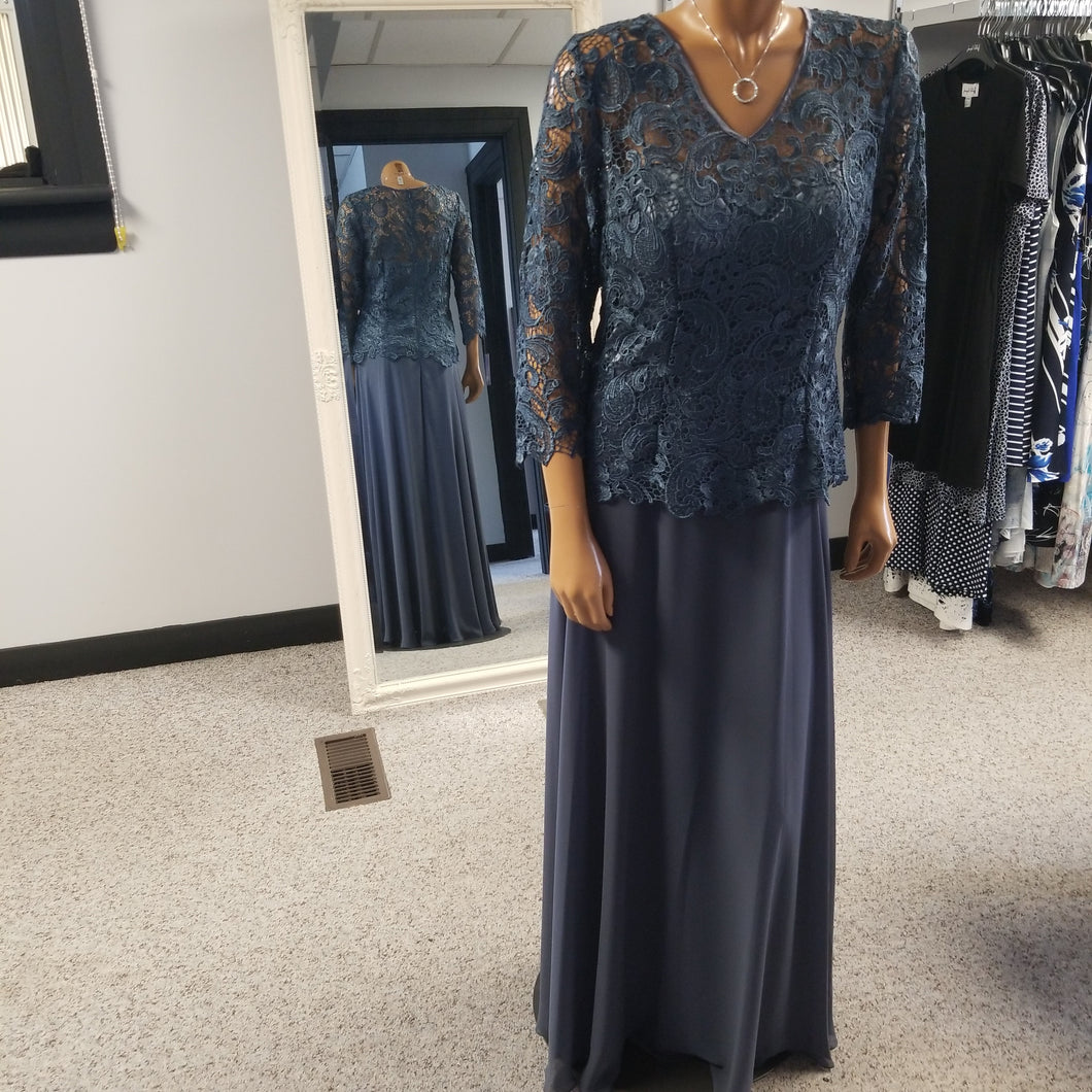 Jolene Canada Lace V-Neck Steel Blue 3/4 Sleeve & Full Skirt Gown