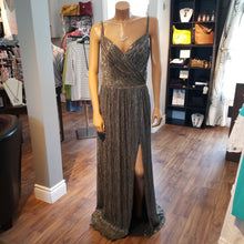 Load image into Gallery viewer, Sleeveless Silver/Gold Metallic Gown with Wrap Style Bodice &amp; Front Side Slit
