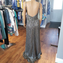 Load image into Gallery viewer, Sleeveless Silver/Gold Metallic Gown with Wrap Style Bodice &amp; Front Side Slit
