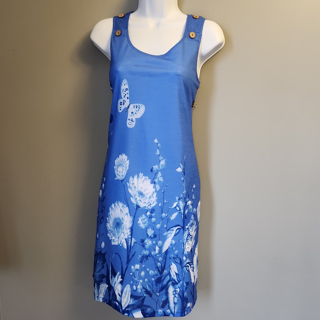 New Label Blue Sleeveless Floral Butterfly Print Dress with Pockets