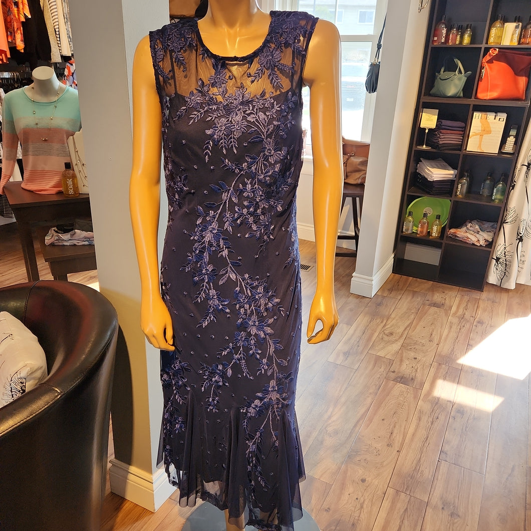 Alex Evenings Navy Mesh Floral Embroidered Sleeveless Gown