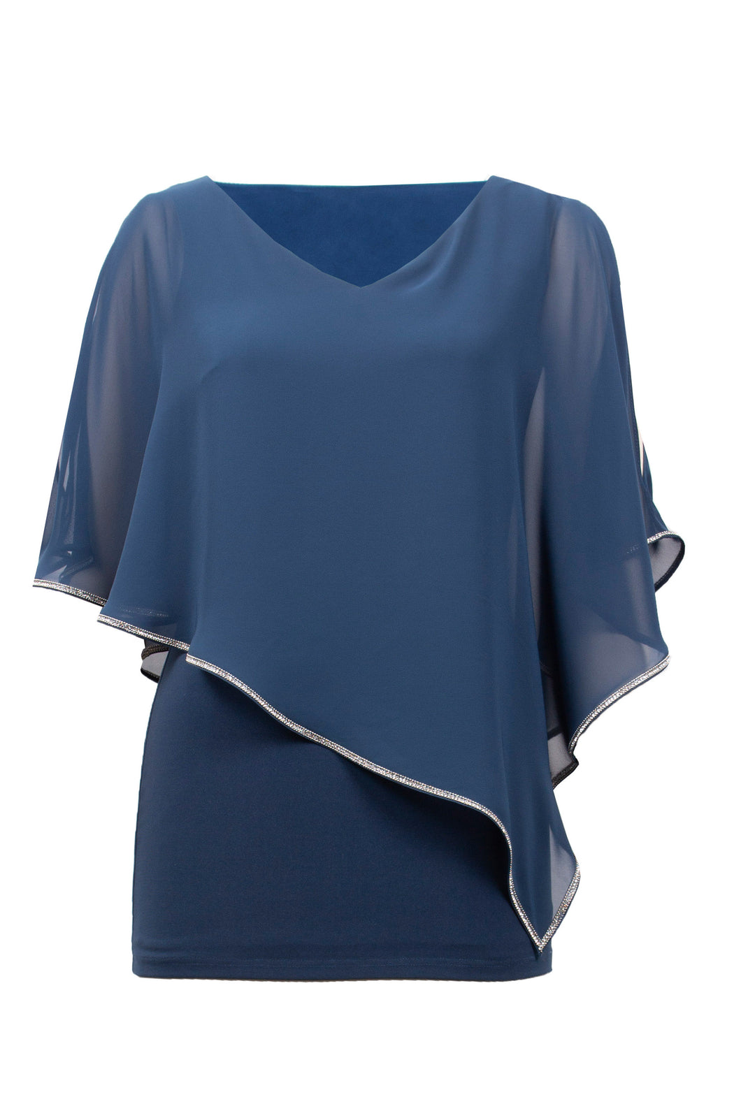 Joseph Ribkoff Chiffon V-Neck Top with Attached Cape & Jewel Trim in Nightfall or Mulberry