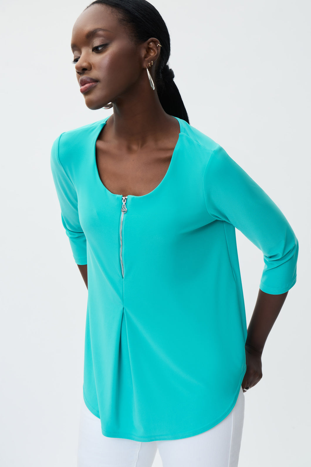 Joseph Ribkoff 3/4 Sleeve Round Neck Zip Front Top in Dazzle Pink or Palm Springs