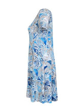 Load image into Gallery viewer, Dolcezza &quot;Sand, Sea &amp; Seashells&quot; V-Neck Blue &amp; Beige Multi Print Short Sleeve Dress
