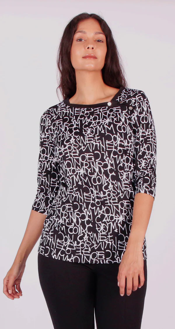 Isca Black & White Print 3/4 Sleeve Top with Asymmetrical Collar