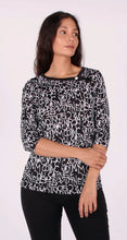Load image into Gallery viewer, Isca Black &amp; White Print 3/4 Sleeve Top with Asymmetrical Collar
