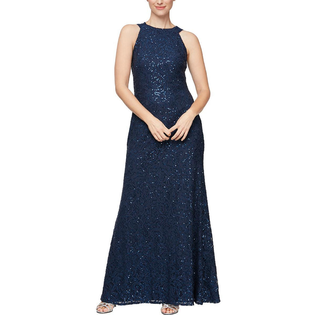 Alex Evenings Navy Lace & Sequined Gown