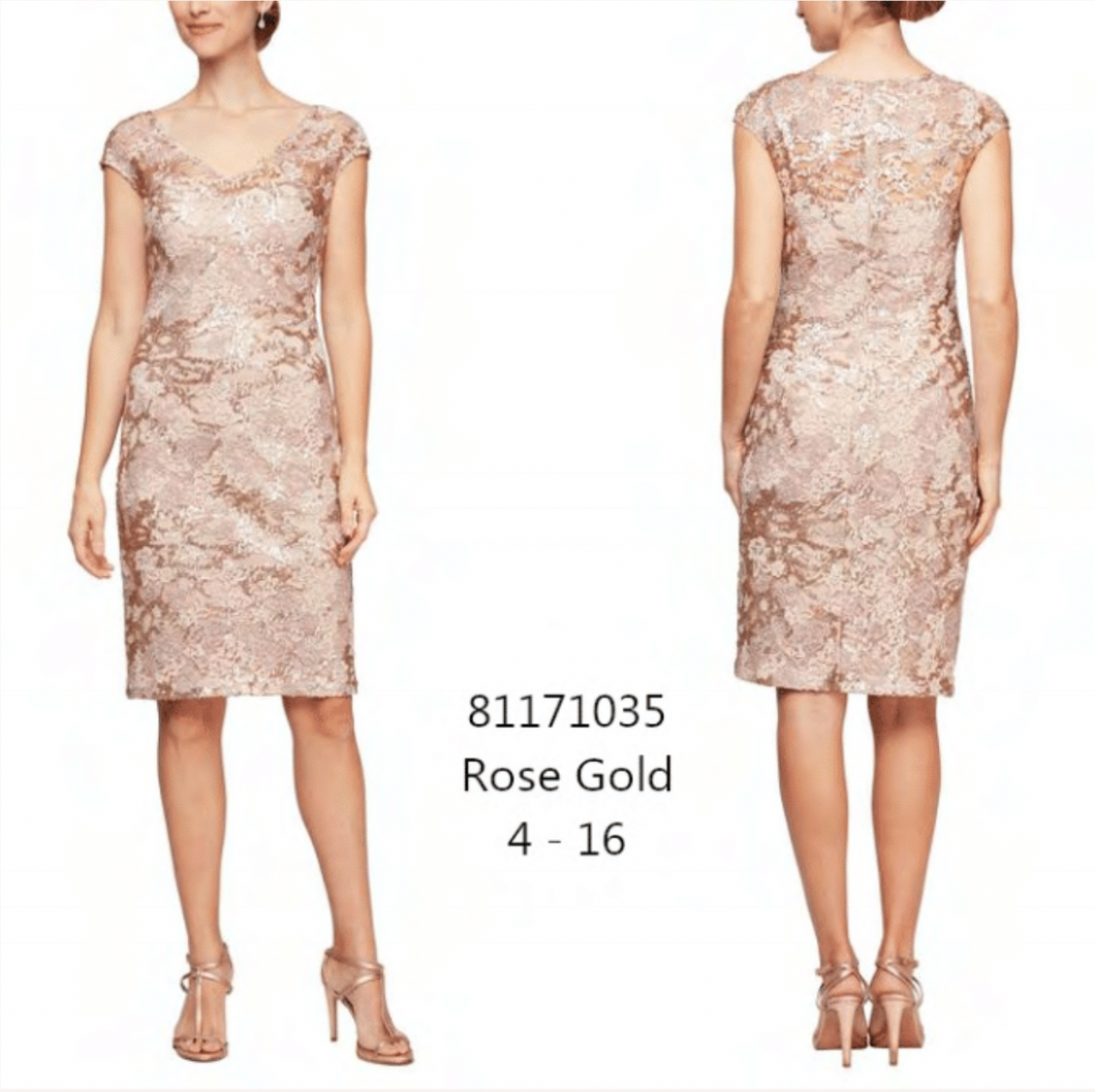 Alex Evenings Rose Gold V-Neck Cap Sleeve Short Lace Lined Dress Alex Evenings Rose Gold V-Neck Cap Sleeve Short Lace Lined Dress