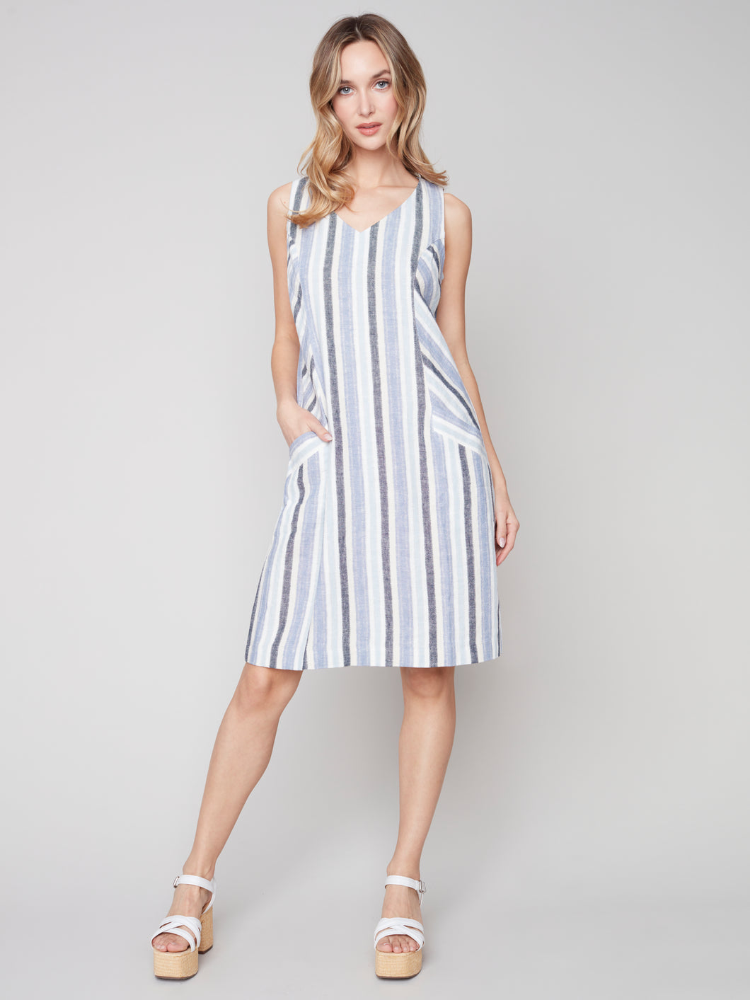 Charlie B Sleeveless Stripe A-Line Dress in Cerulean