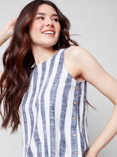 Load image into Gallery viewer, Charlie B Printed Side Button Linen Tank Top With Crew Neck in Marine Navy Stripe or Peachsand
