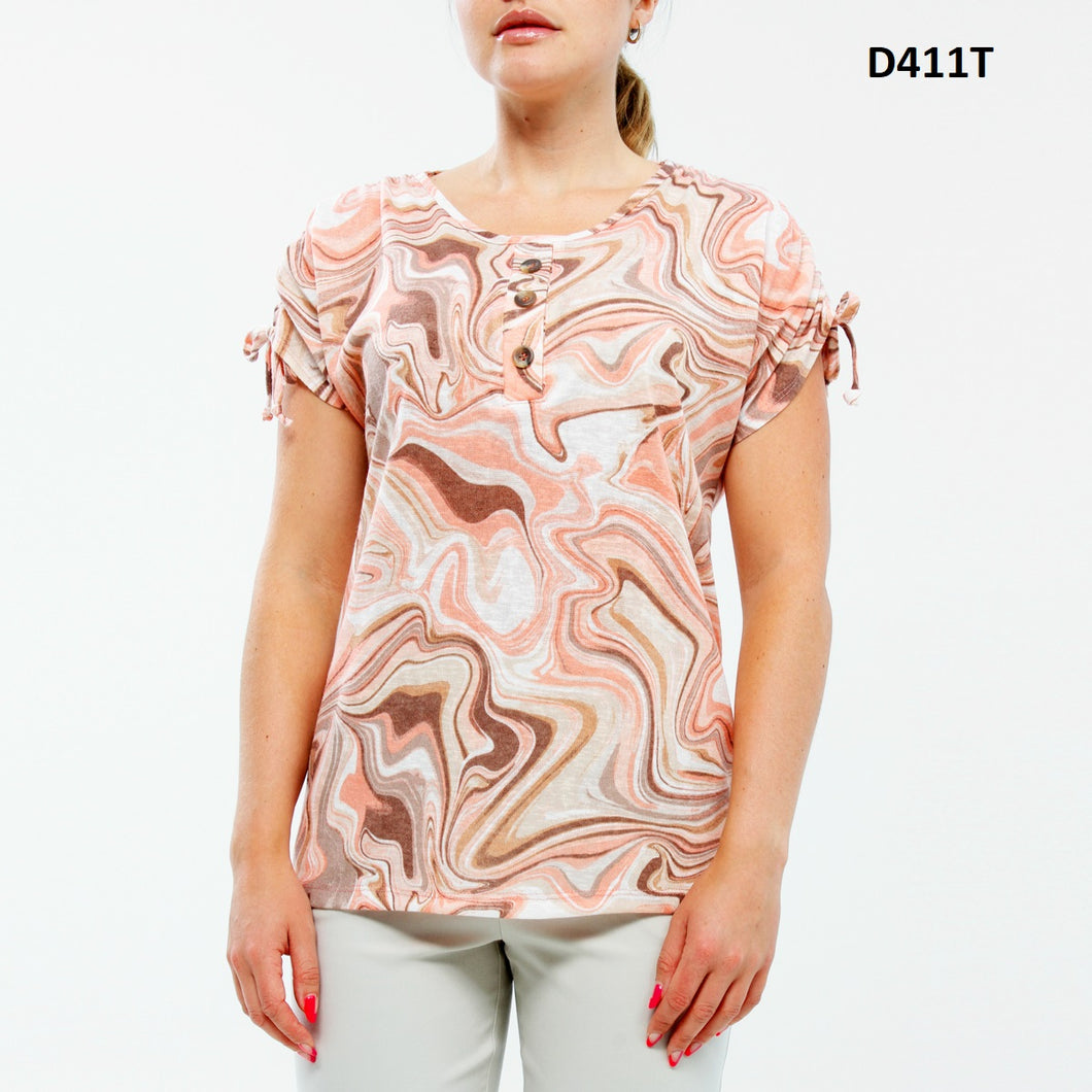 DeVia Peach Multi Short Sleeve Round Neck Swirl Print Top