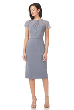 Load image into Gallery viewer, JS Collections Slate Blue Short Sleeve Illusion Cocktail Dress
