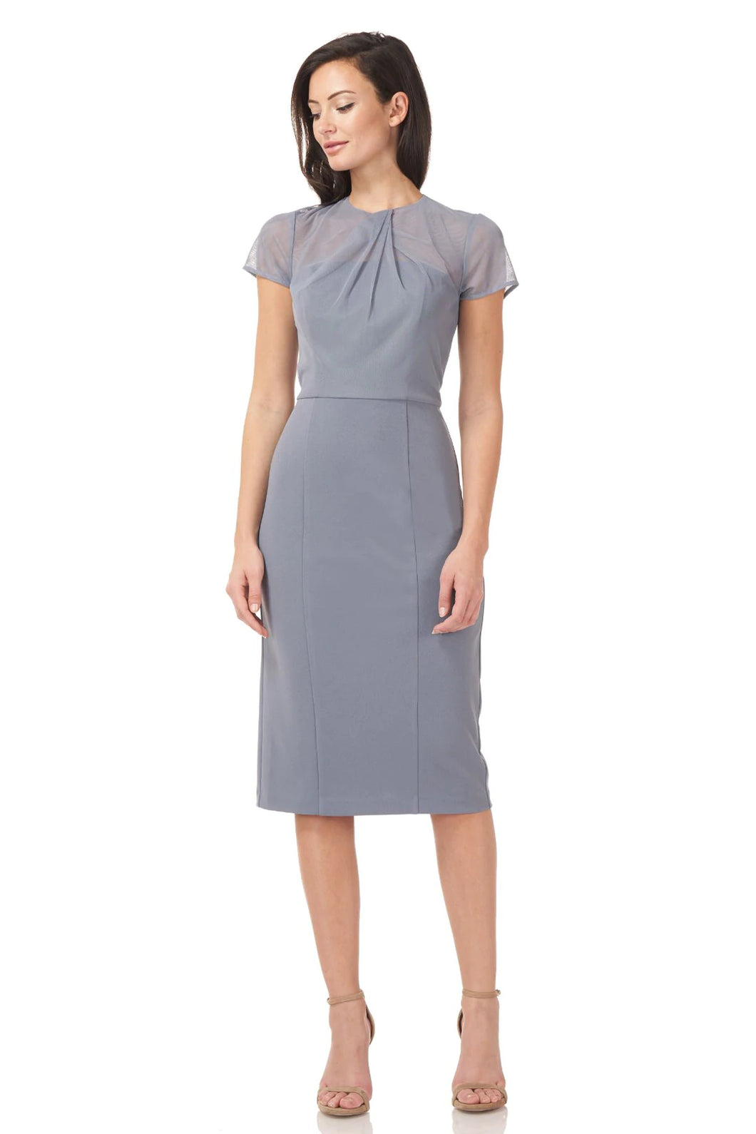 JS Collections Slate Blue Short Sleeve Illusion Cocktail Dress