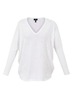 Marble Long Sleeve V-NeckWhite Sweater with Star Pattern - 100% Cotton