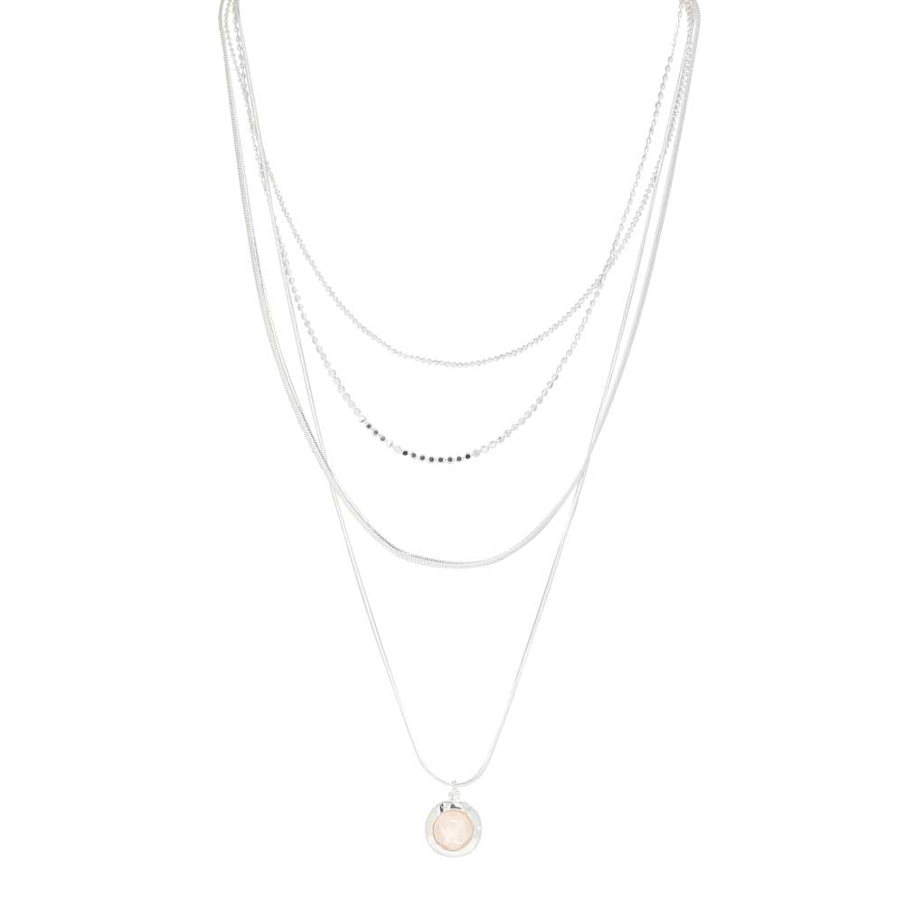 Merx Shiny Silver Multi-Layer Fashion Necklace with Beige Resin Pendant