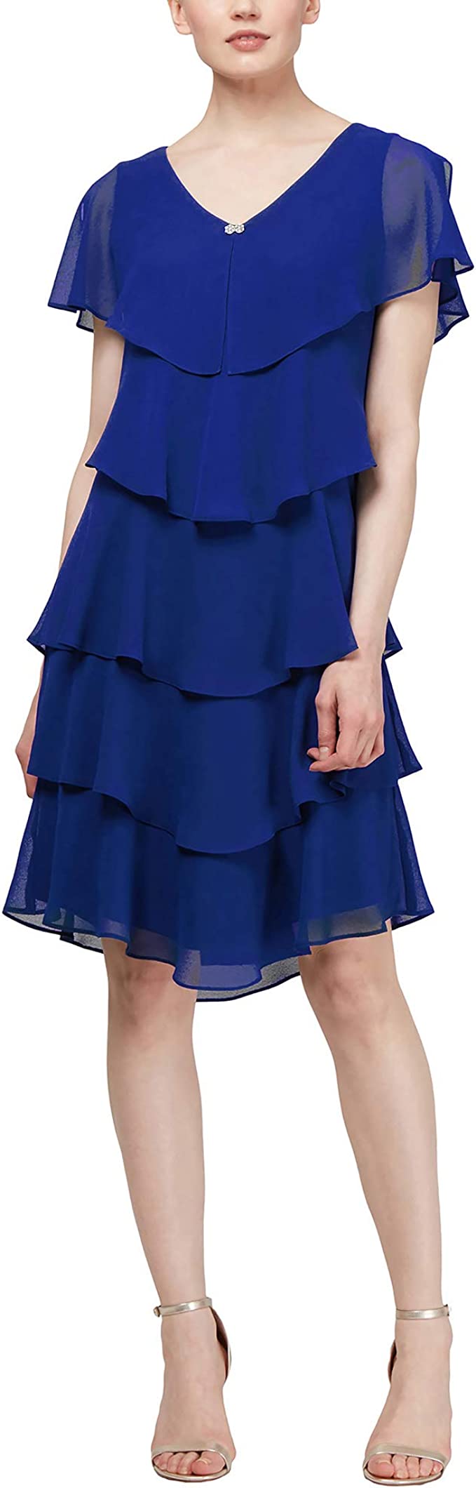 SLNY V-Neck Tiered Chiffon Dress with Cap Sleeve