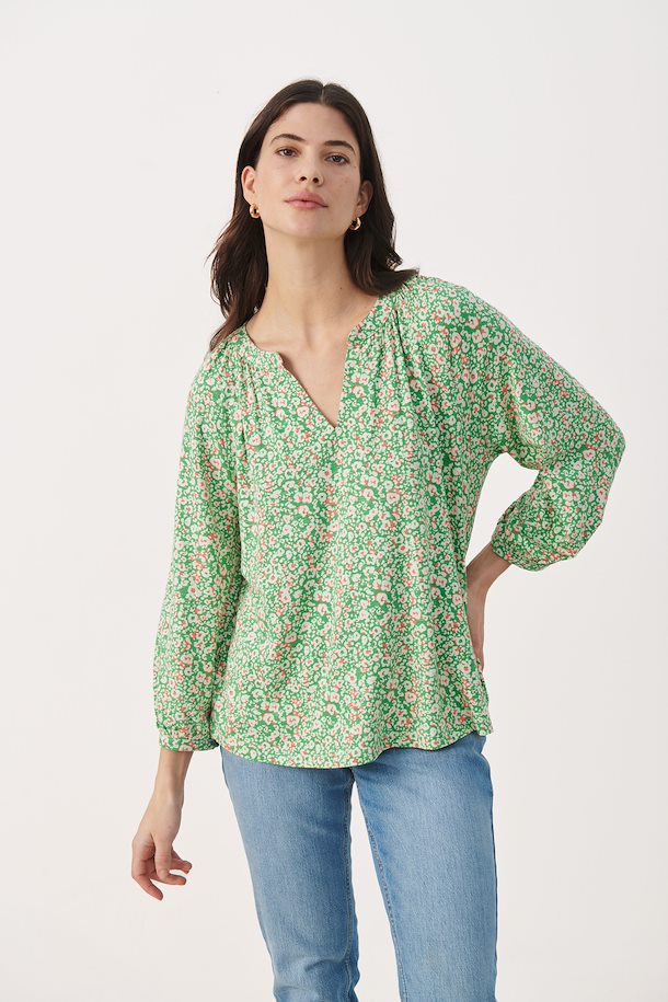 Part Two Milea Long Sleeve V-Neck Viscose Blouse in Greenbrair Leo Print