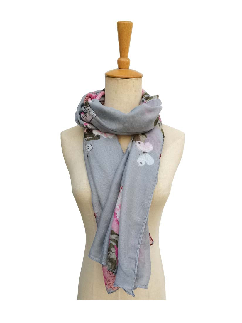 B.lush Grey & Pink Multi Floral & Butterfly Print Scarf